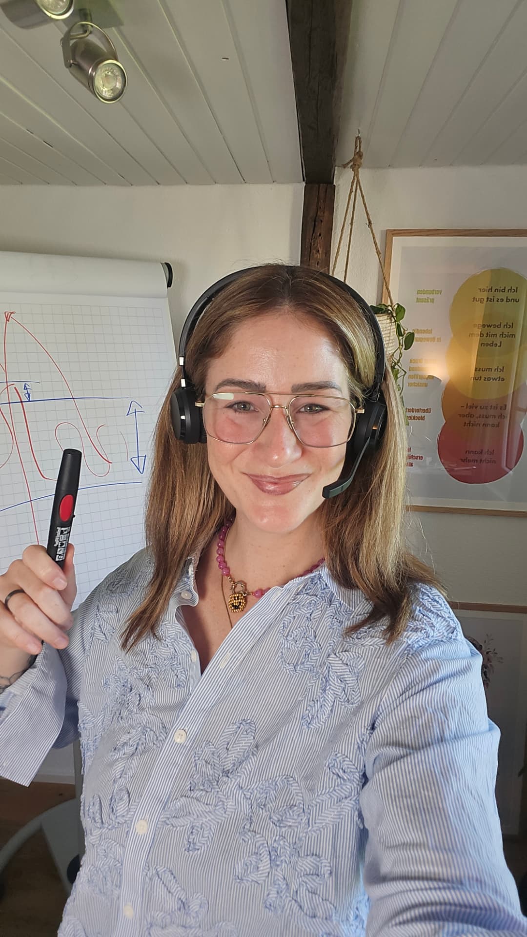 Gisèle Ladner im Coaching-Raum mit Headset und Flipchart während eines Online-Coachings