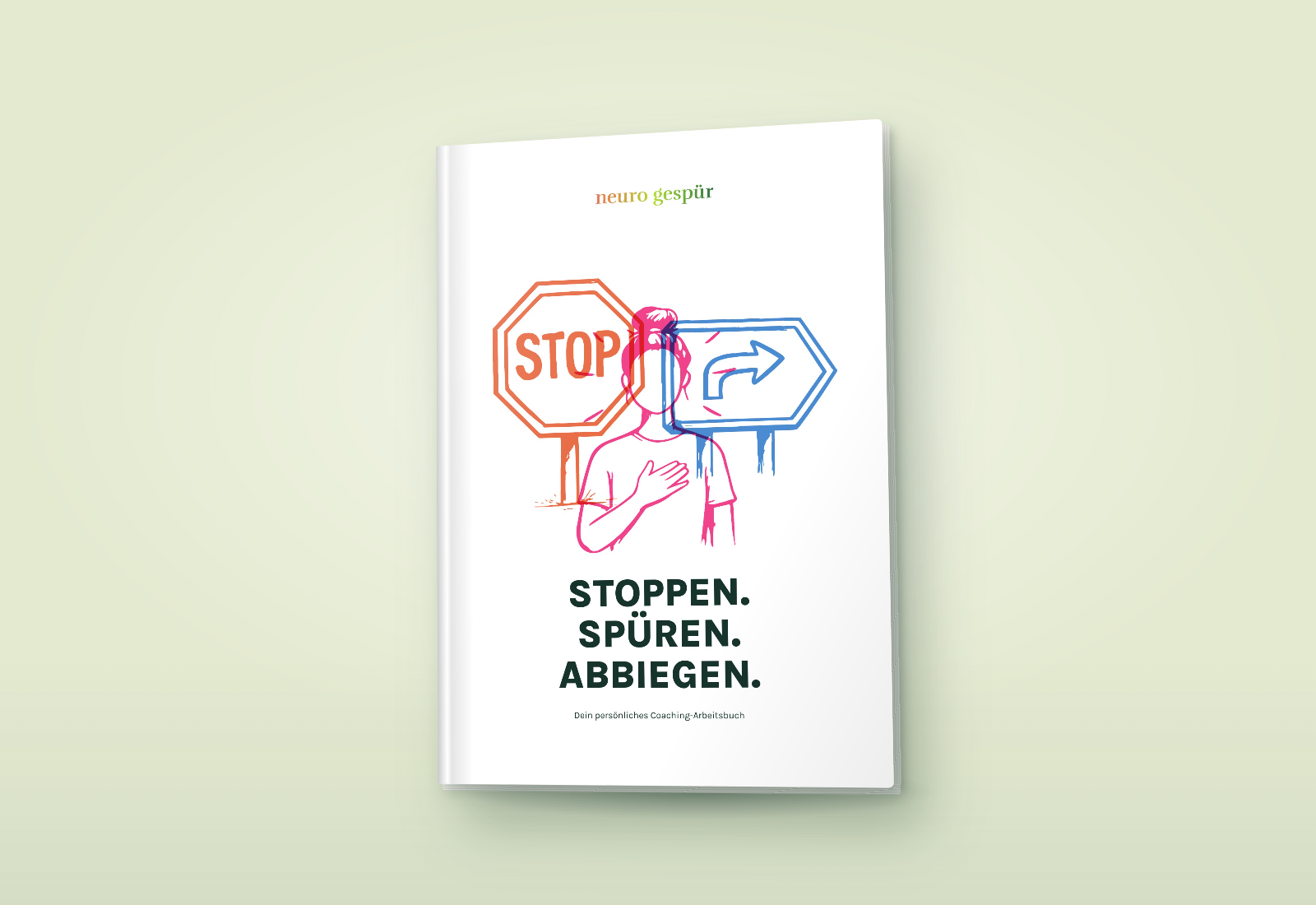 Mockup des persönlichen Arbeitsbuchs Stoppen. Spüren. Abbiegen.