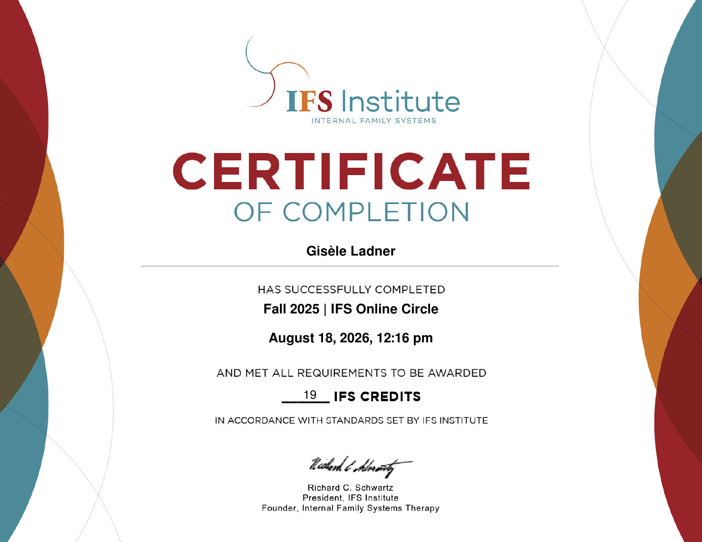 Certificate of Completion des IFS Institute für Gisèle Ladner, Fall 2025 IFS Online Circle